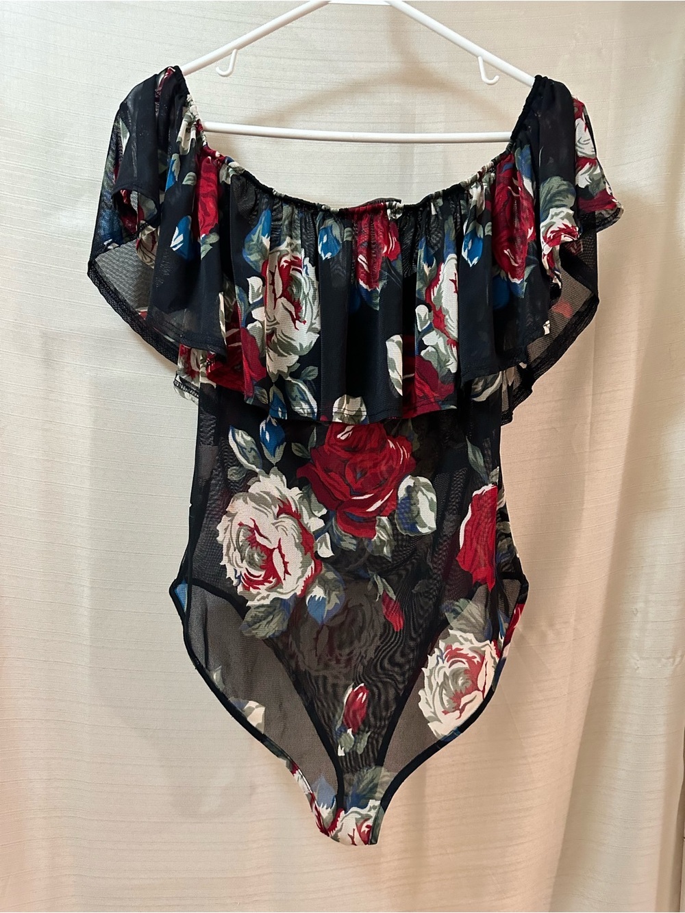 Fashion Nova Floral Mesh Off Shoulder Bodysuit Sheer Ruffle Women’s Size M - Picture 8 of 10